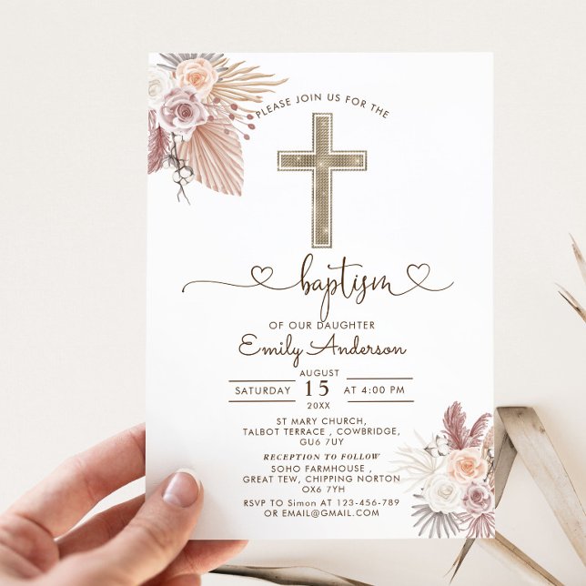 Convite Boho Pampas Grass Baptism Christening (Criador carregado)
