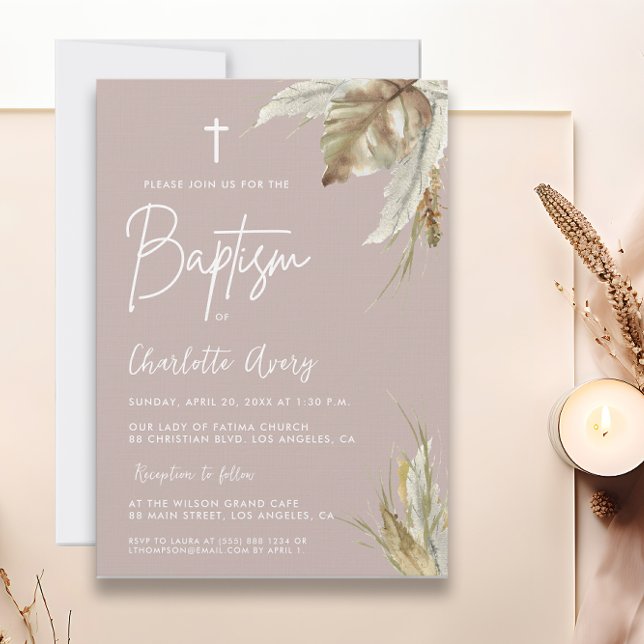 Convite Boho Pampas Grass Batismo Personalizado Cor-de-Ros (Pampas grass watercolor boho chic Baptism Invitation in blush pink.)