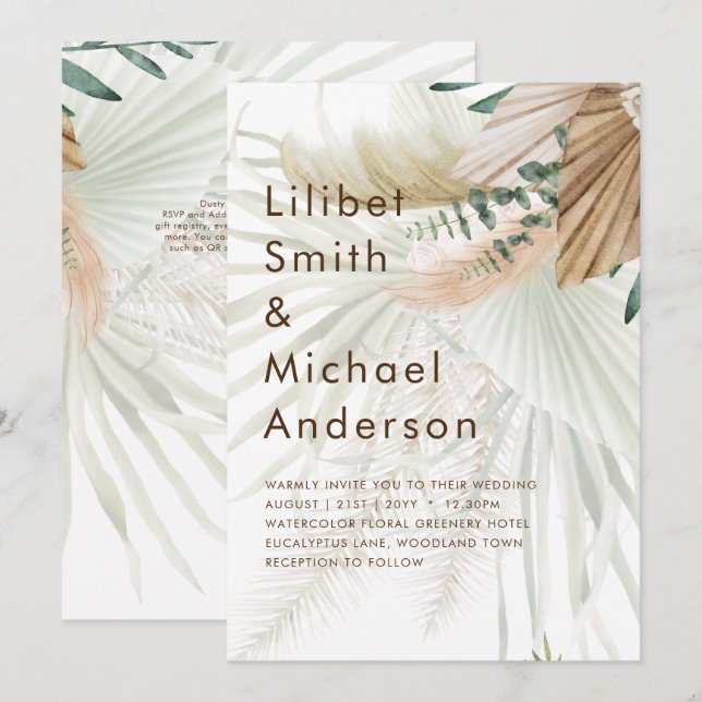 Convite BoHO Pampas Grass Beige Green Terracotta Casamento (Frente/Verso)