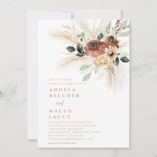 Convite Boho pampas Grass Casation (Frente)