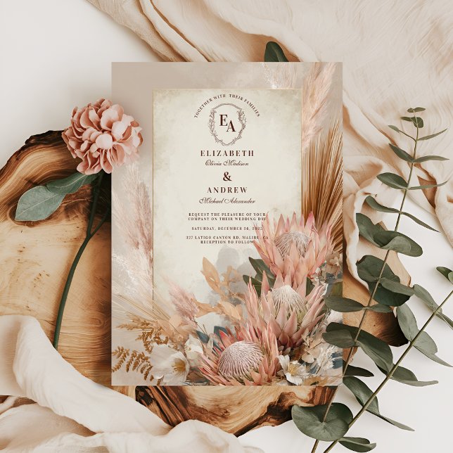 Convite Boho Pampas Grass Design de Casamento Russo (Criador carregado)