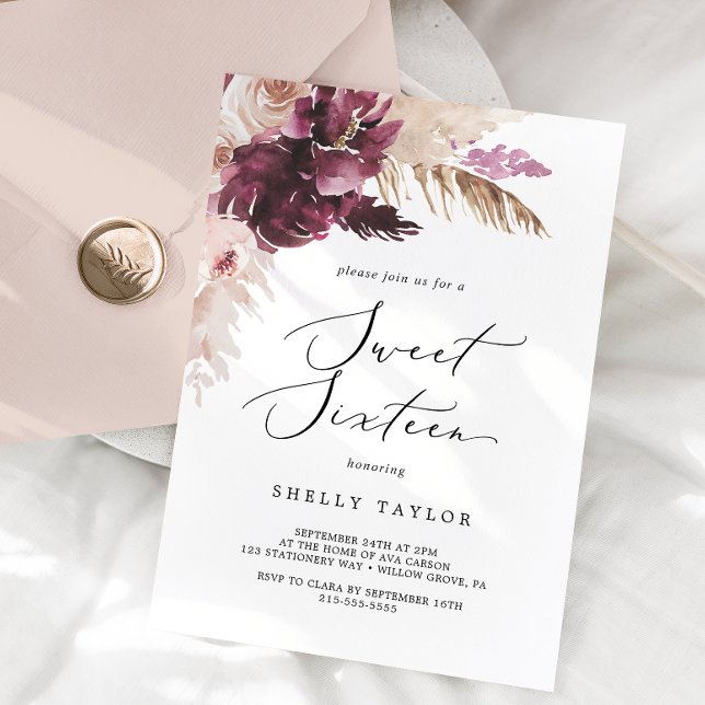 Convite Boho Pampas Grass Doce Dezesseis Aniversário (Criador carregado)