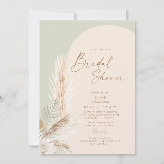 Convite Boho Pampas Grass Dourado Geométrico Sage Bridal (Frente)