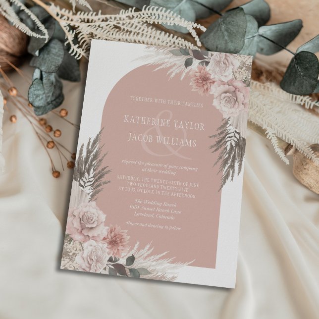Convite Boho Pampas Grass Dusty Casamento Floral Rosa Rosa (Criador carregado)