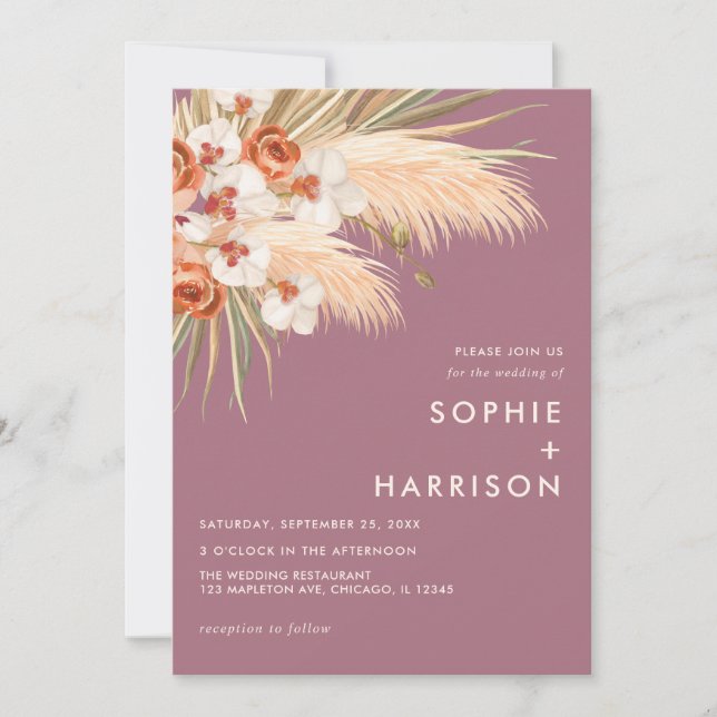 Convite  Boho Pampas Grass Dusty Rosa Weding (Frente)