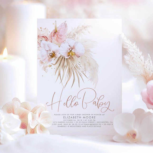 Convite Boho Pampas Grass e Chá de fraldas Tropical Flores (Blush Pink Floral Baby Shower Invitation)