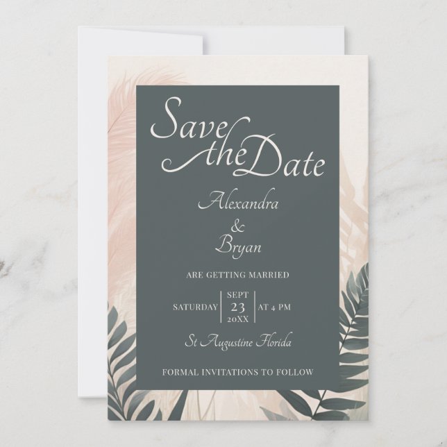 Convite Boho Pampas Grass & Fern Wedding Salvar Data (Frente)