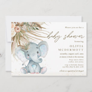 Convite Boho Pampas Grass Floral Elephant Chá de fraldas 