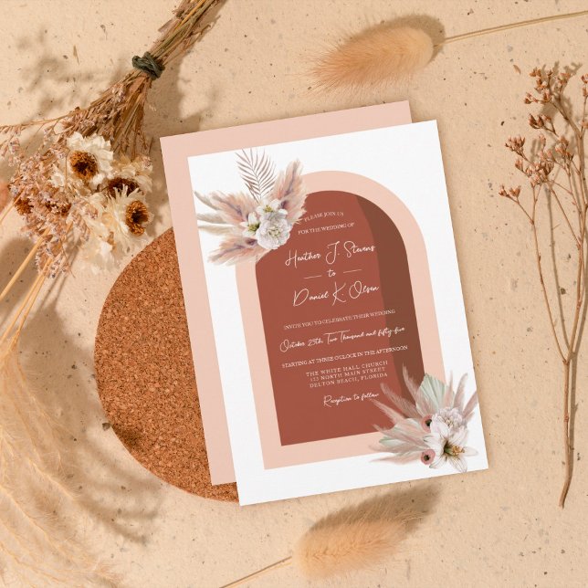 Convite Boho Pampas Grass Floral Pink Terracotta Casamento (Criador carregado)