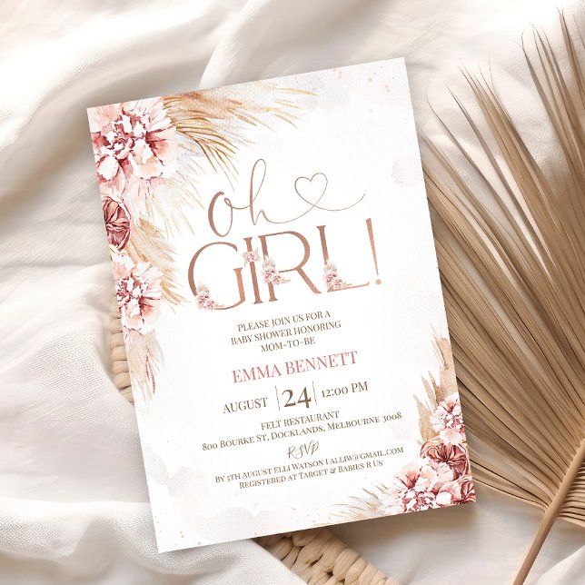 Convite Boho Pampas Grass Oh Chá de fraldas Rapariga Convi (Boho Blush Floral Oh Girls Baby Shower Invitation, Pampas Grass, Girls Bohemian Baby Shower Invite)