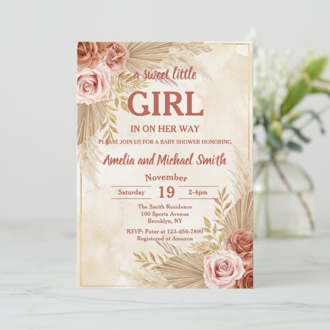 Convite Boho Pampas Grass Oh Girl Baby Shower (Em pé/Frente)