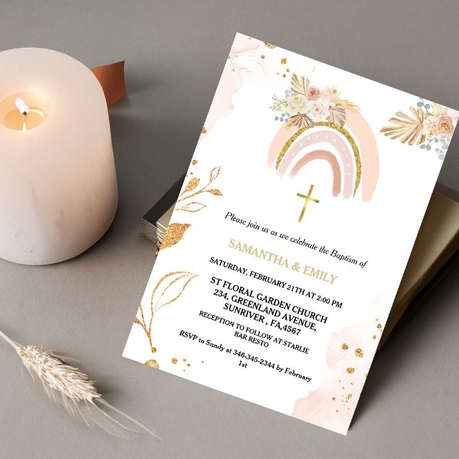 Convite Boho Pampas Grass Rainbow Girl BAptism Christening (Criador carregado)