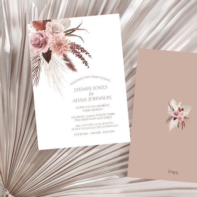 Convite Boho Pampas Grass Rustic Terracotta Casamento (Boho Dusty Pink Dried Flowers Pampas Grass Wedding Invitation)