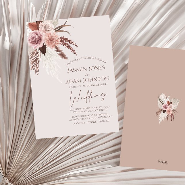 Convite Boho Pampas Grass Terracotta Casamento Floral (Boho Dusty Pink Dried Flowers Pampas Grass Wedding Invitation)