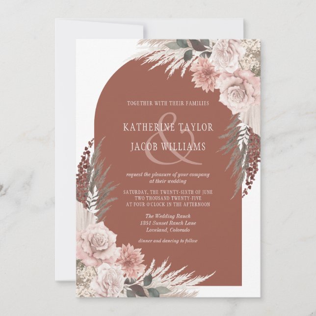 Convite Boho Pampas Grass Terracotta Floral Wedding Invita (Frente)