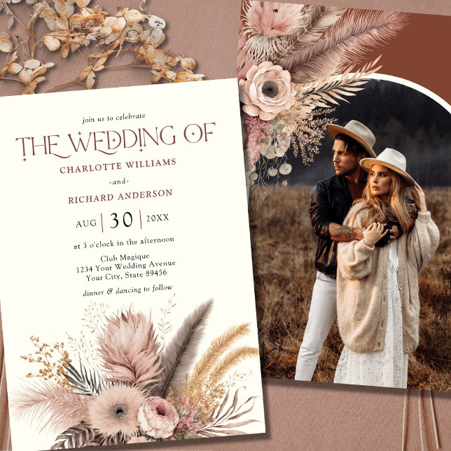 Convite Boho Pampas Grass Terracotta Foto Casamento (Criador carregado)