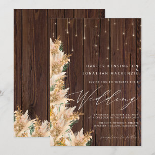 Convite Boho Pampas Grass Twinkle Lights Wood Casamento