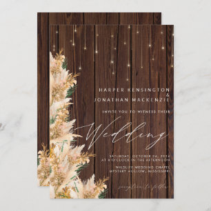 Convite Boho Pampas Grass Twinkle Luz Wood Casamento