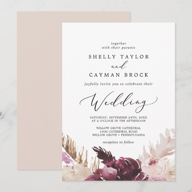 Convite Boho Pampas Grass Wedding (Frente/Verso)