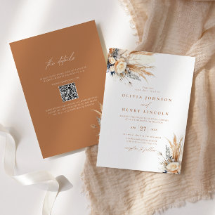Convite Boho Pampas Grass Wedding Floral Código QR