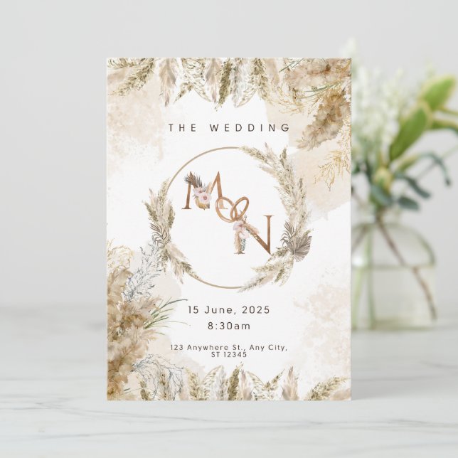 Convite Boho Pampas Grass Wedding Invitation  (Em pé/Frente)