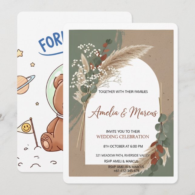 Convite Boho Pampas Grass Wedding Invitation  (Frente/Verso)
