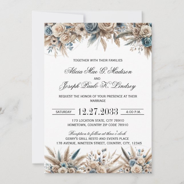 Convite Boho Pampas Grass Wedding Invitation (Frente)