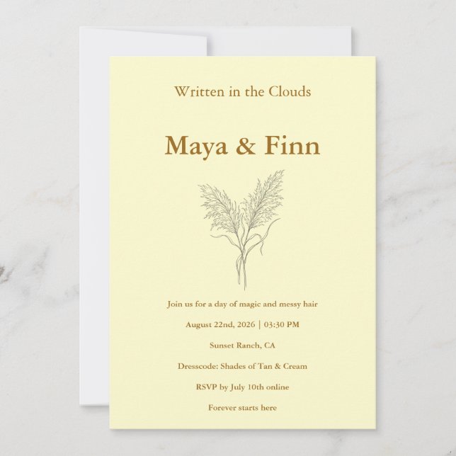 Convite Boho Pampas Grass Wedding Invitation Minimalist (Frente)