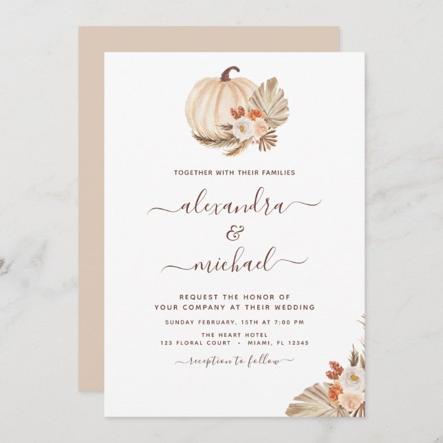 Convite Boho Pampas Grass White Pumpkin Casado (Frente/Verso)