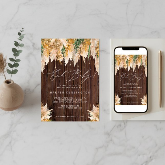 Convite Boho Pampas Grass Wood Twinkle Lights Chá de frald (Boho Pampas Grass Wood Twinkle Lights Baby Shower Invitation)