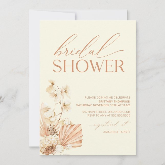 Convite Boho Pampas Modern Bridal Shower floral Invitation (Frente)