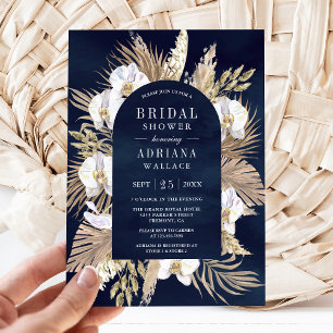 Convite Boho Pampas Orquídea Branca Azul Naval Chá de Noiv