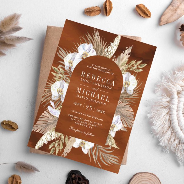 Convite Boho Pampas Orquídea Branca Seca Palma Terrestre C (Criador carregado)