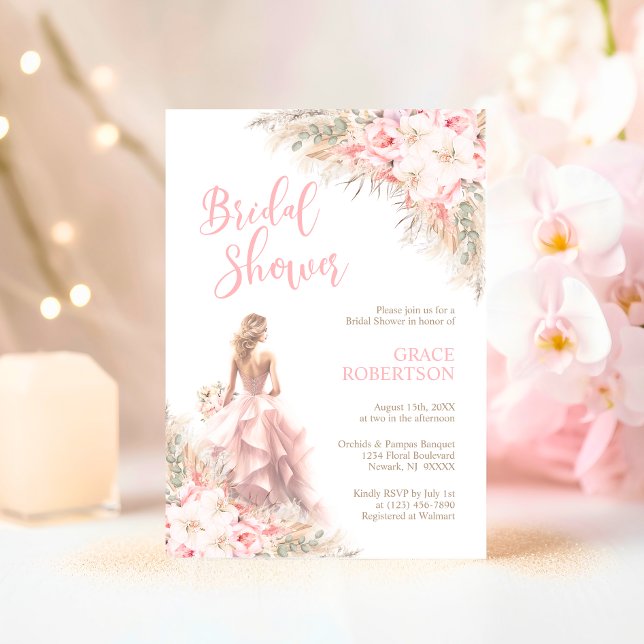 Convite Boho Pampas Orquídeas Peonias Chá de panela de Ves (Boho Pampas Orchids Peonies Dress Bridal Shower Invitation)