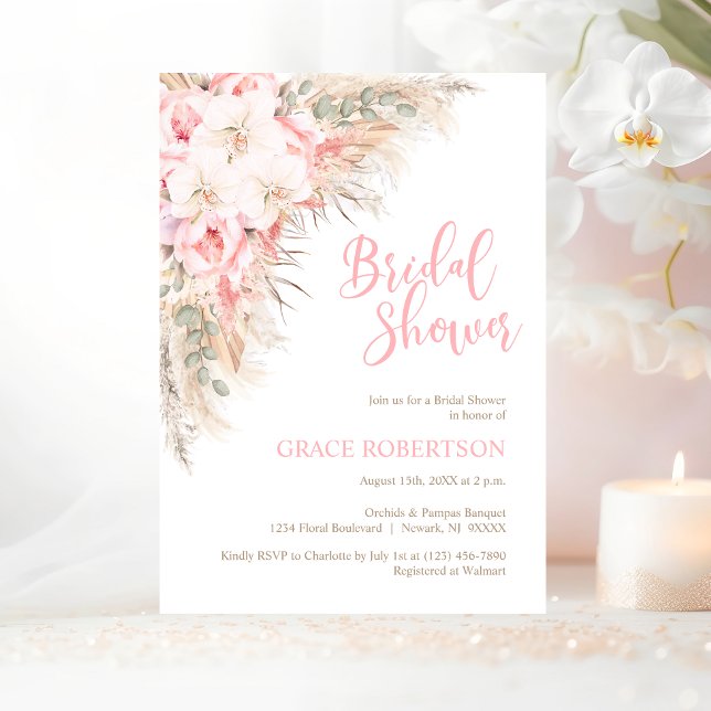 Convite Boho Pampas Orquídeas Peonies Chá de panela Neutro (Boho Pampas Orchids Peonies Pampas Grass Bridal Shower Invitation)