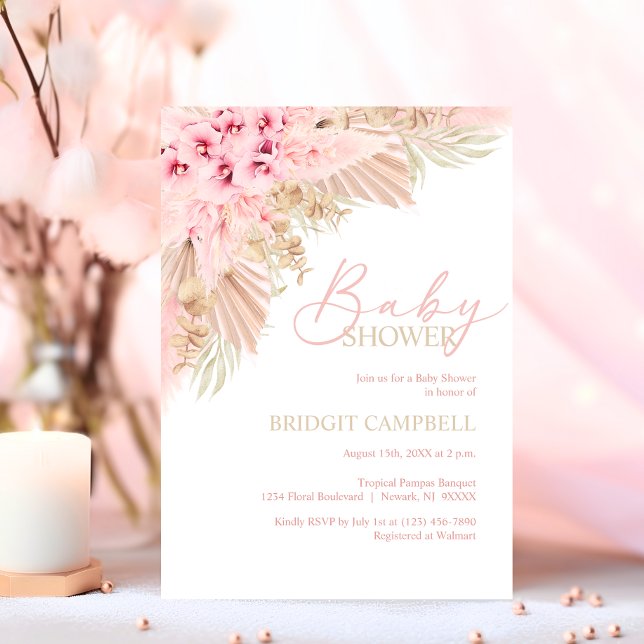 Convite Boho Pampas Orquídeas Rosa Chá de fraldas Neutro (Boho Pampas Orchids Pink Neutral Baby Shower Invitation)