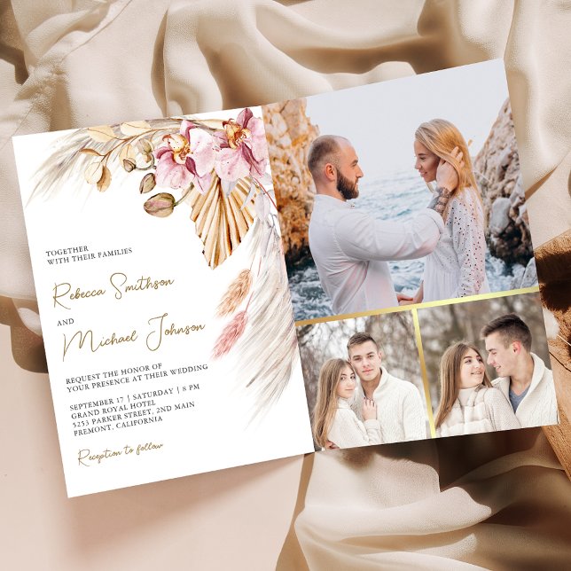 Convite Boho Pampas Pink Orchid Floral QR Code Wedding (Criador carregado)