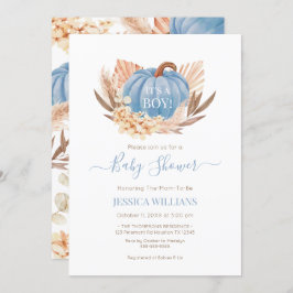 Convite Boho Pampas Pumpkin blue baby shower