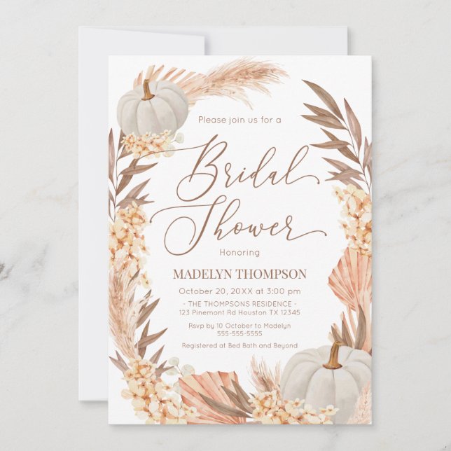 Convite Boho Pampas Pumpkin White Bridal Shower (Frente)
