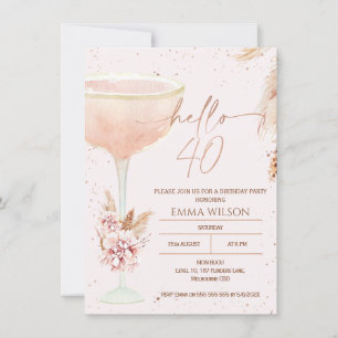 Convite Boho Pampas Rosa Dourado Hello 40 Aniversário