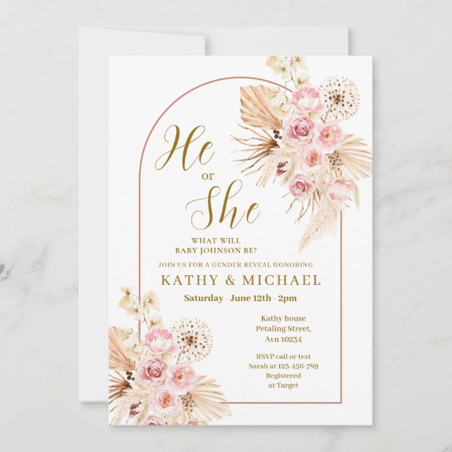 Convite Boho Pampas Rosa Ele ou Ela Revelam Sexo (Frente)