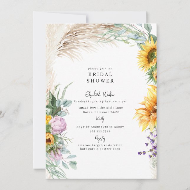 Convite Boho Pampas Sunflower BridalShower (Frente)