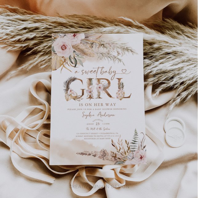 Convite Boho Pampas Tropical Girl Chá de fraldas Invite (Boho Baby Shower)