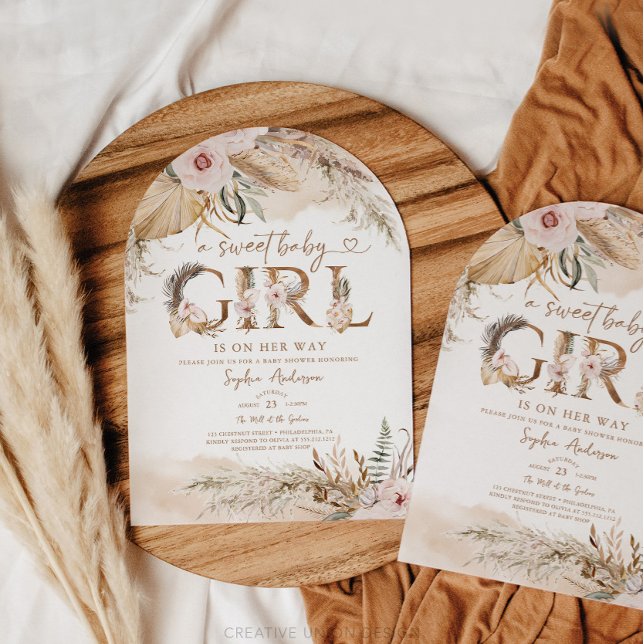 Convite Boho Pampas Tropical Girl Chá de fraldas Invite (Boho Baby Shower)