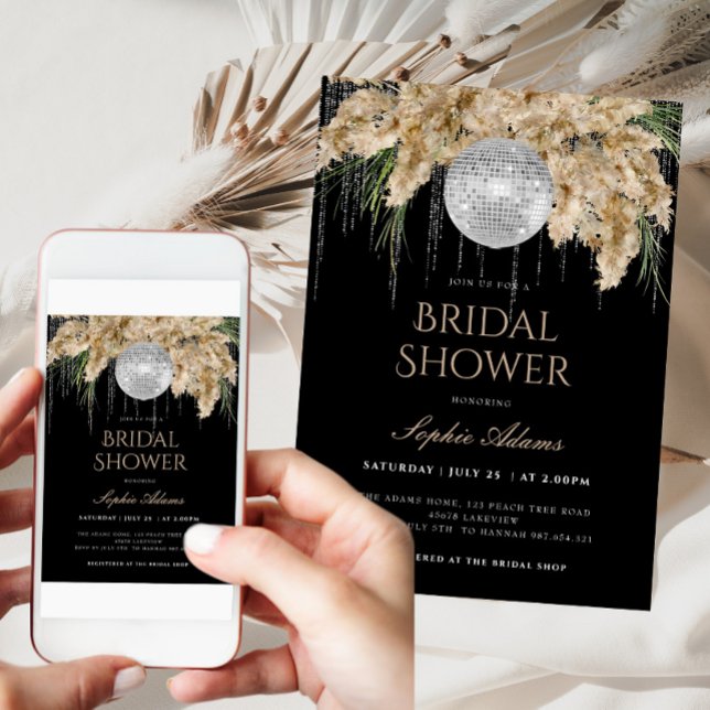 Convite Boho Papmas Grass Disco Ball Chá de panela Preto (Criador carregado)