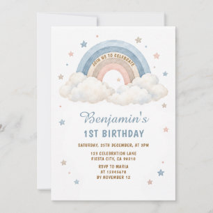 Convite Boho Pastel Arco-íris Nuvens Menino 1º Aniversário