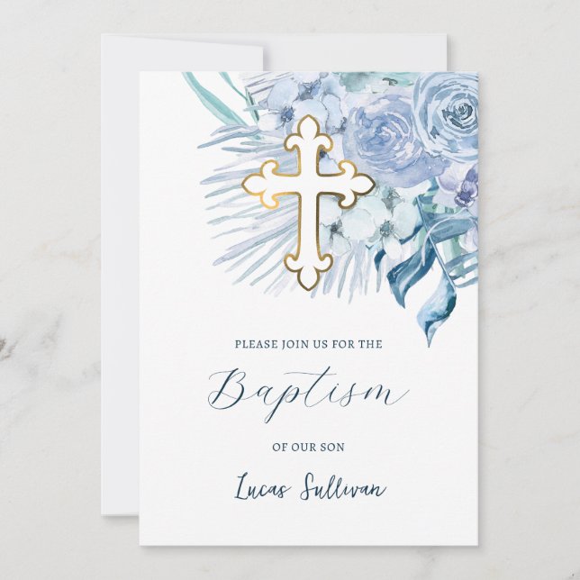 Convite Boho Pastel Blue Baptism (Frente)