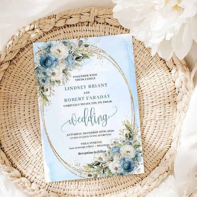 Convite Boho Pastel Blue Floral Glitter wedding invite (Boho Pastel Blue Floral Glitter wedding invite

)