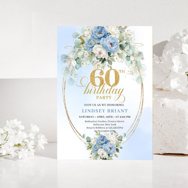 Convite Boho Pastel rosa peônia verde dourado 60º aniversá (Pastel blue peony greenery gold 60th birthday invitation)