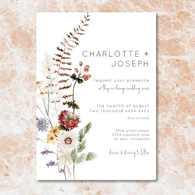 Convite Boho Pastel Wildflower Modern Floral Weding (Boho Terracotta Peach & Cream Floral Green Wedding Invitation)